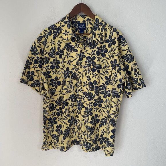 High Sierra Mens Button Up Shirt Large Colorful Yellow Linen Hawaiian Tropical - Picture 1 of 5